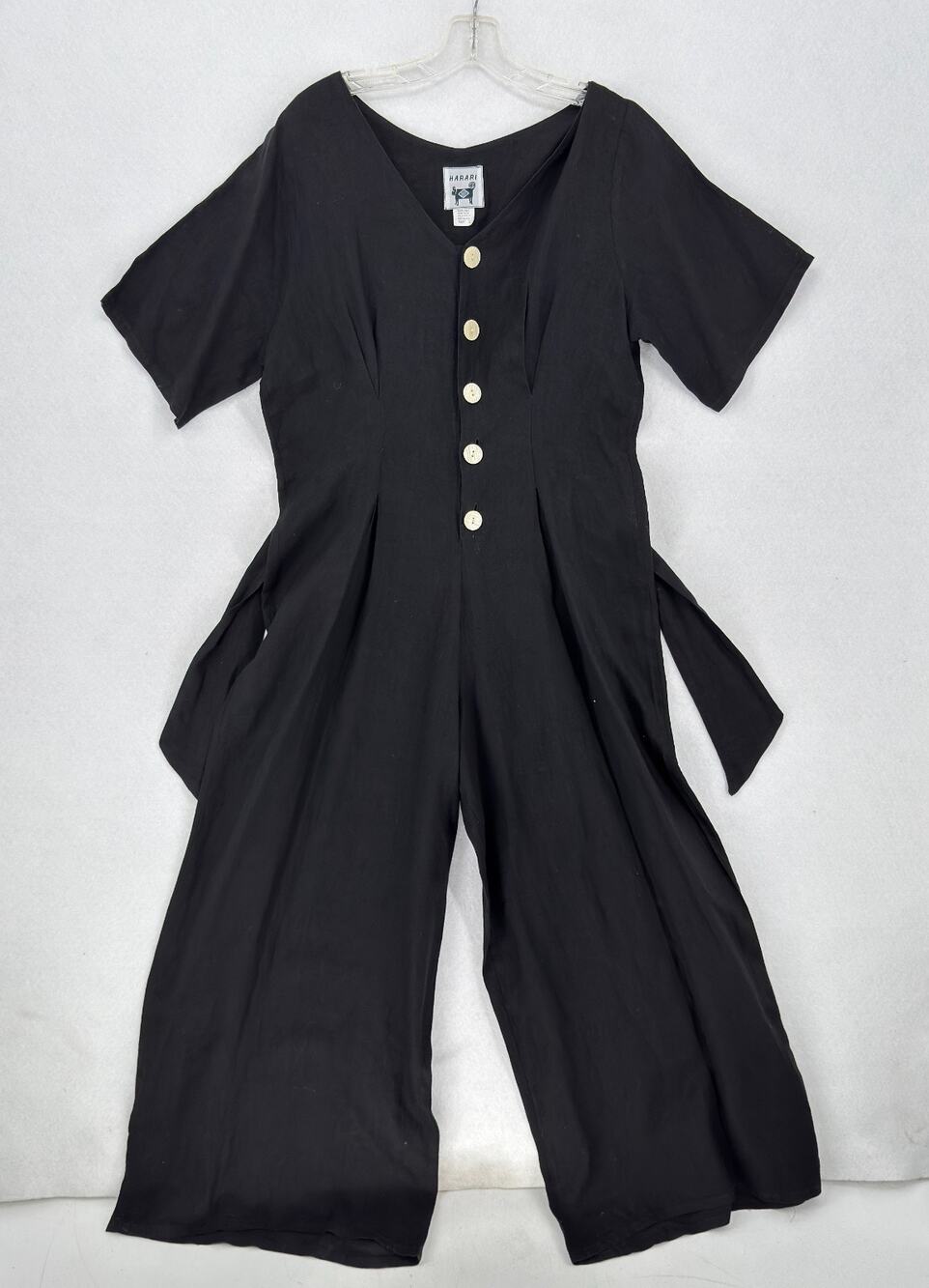Harari Vintage 80s Black Linen Tie Back Short Sleeve Wide Leg Jumpsuit Sz 2
